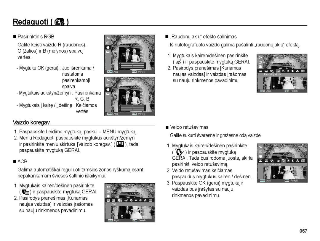 Samsung EC-ES25ZZBABRU, EC-ES25ZZBARRU manual Pasirinktinis RGB, „Raudonų akių efekto šalinimas, Vertes, Nustatoma, Spalva 