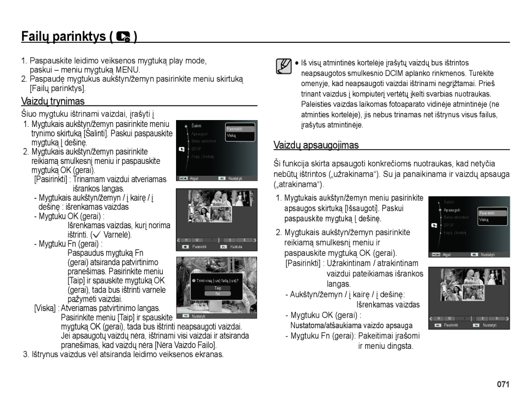 Samsung EC-ES25ZZBARRU Failǐ parinktys, Vaizdų trynimas, Vaizdų apsaugojimas, Šiuo mygtuku ištrinami vaizdai, įrašyti į 