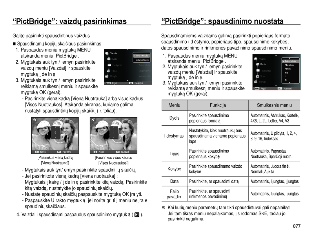 Samsung EC-ES25ZZBARRU, EC-ES25ZZBASRU PictBridge vaizdǐ pasirinkimas, PictBridge spausdinimo nuostata, Mygtuką OK gerai 