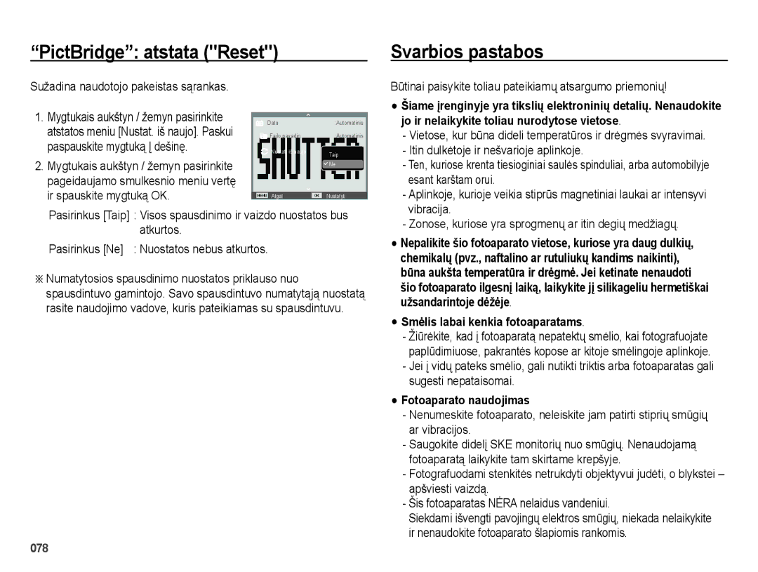 Samsung EC-ES25ZZBASRU PictBridge atstata Reset Svarbios pastabos, Būtinai paisykite toliau pateikiamų atsargumo priemonių 