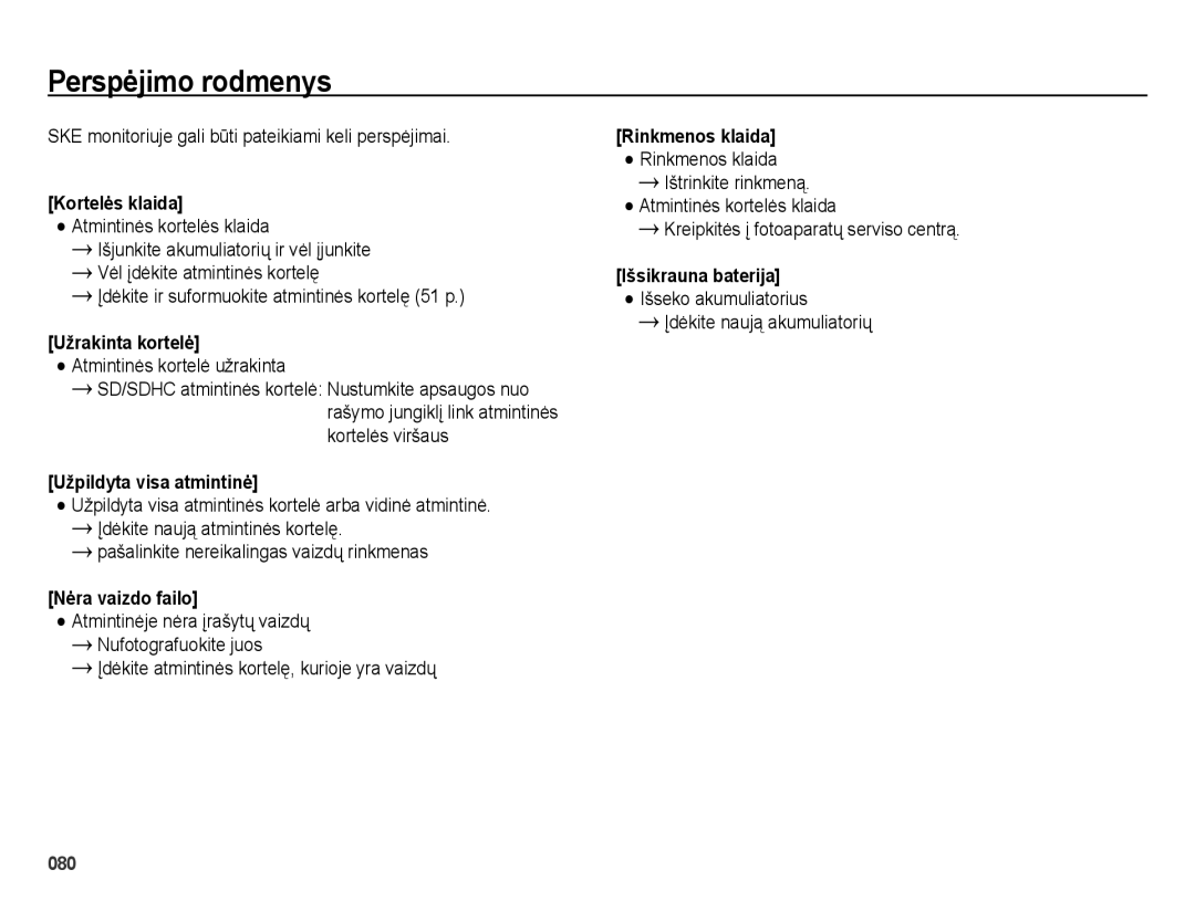 Samsung EC-ES25ZZBARRU, EC-ES25ZZBASRU manual Perspơjimo rodmenys, SKE monitoriuje gali būti pateikiami keli perspėjimai 