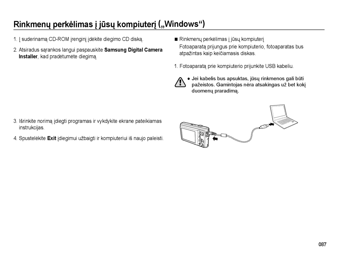 Samsung EC-ES25ZZBASRU Rinkmenų perkėlimas į jūsų kompiuterį „Windows, Fotoaparatą prie kompiuterio prijunkite USB kabeliu 