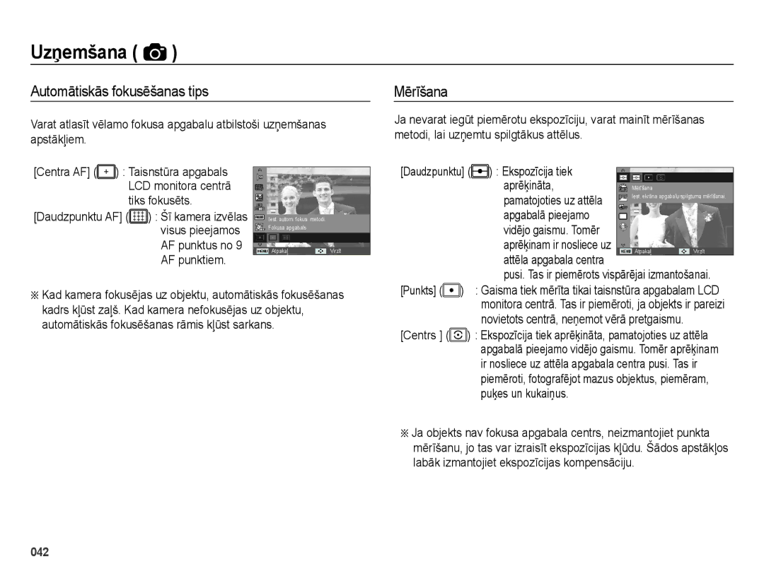 Samsung EC-ES25ZZBASRU, EC-ES25ZZBARRU, EC-ES25ZZBABRU manual Automātiskās fokusēšanas tips, Mērīšana 