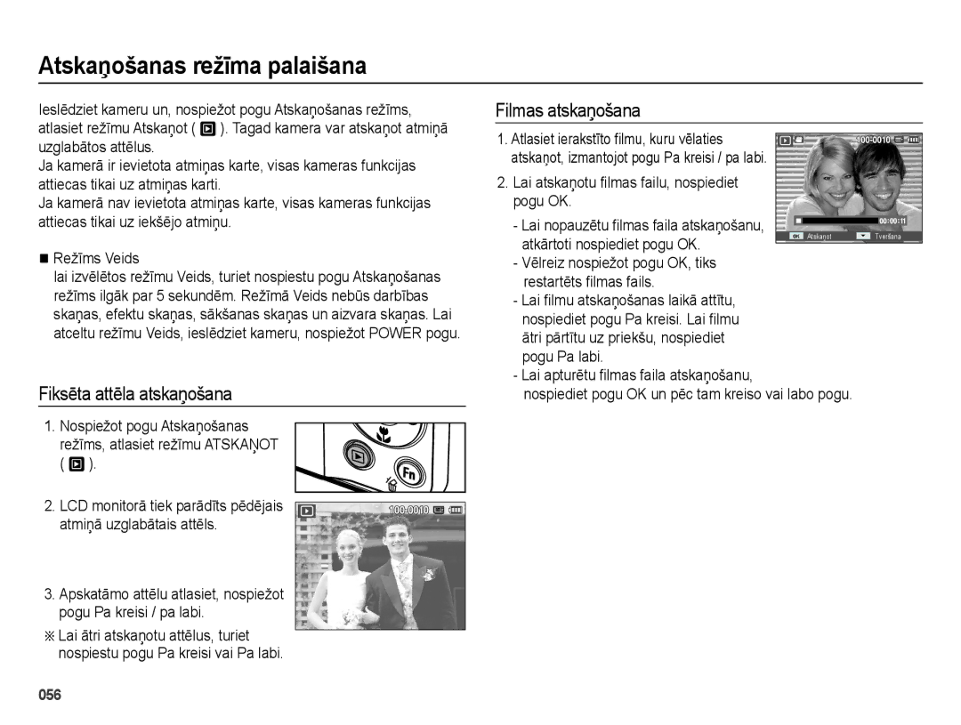 Samsung EC-ES25ZZBARRU, EC-ES25ZZBASRU manual AtskaƼošanas režƯma palaišana, Fiksēta attēla atskaņošana, Filmas atskaņošana 