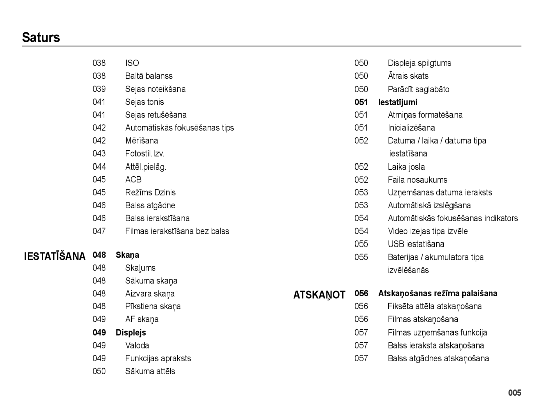 Samsung EC-ES25ZZBARRU, EC-ES25ZZBASRU, EC-ES25ZZBABRU manual 038, IestatƯjumi, SkaƼa, Displejs 