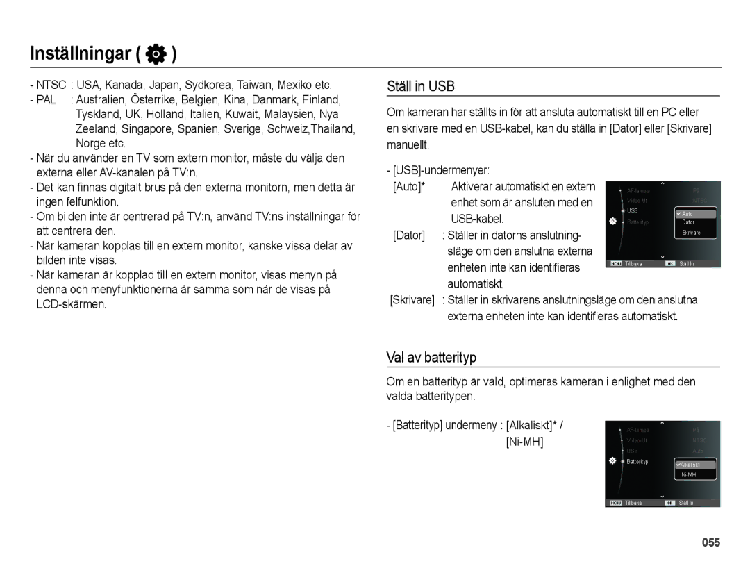 Samsung EC-ES25ZZBASE2, EC-ES25ZZBABE2 manual Ställ in USB, Val av batterityp, USB-kabel, Dator, Automatiskt Skrivare 