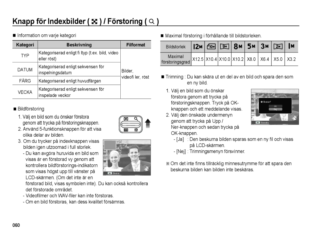 Samsung EC-ES25ZZBABE2 manual Knapp för Indexbilder º / Förstoring í, Information om varje kategori, Bildförstoring 