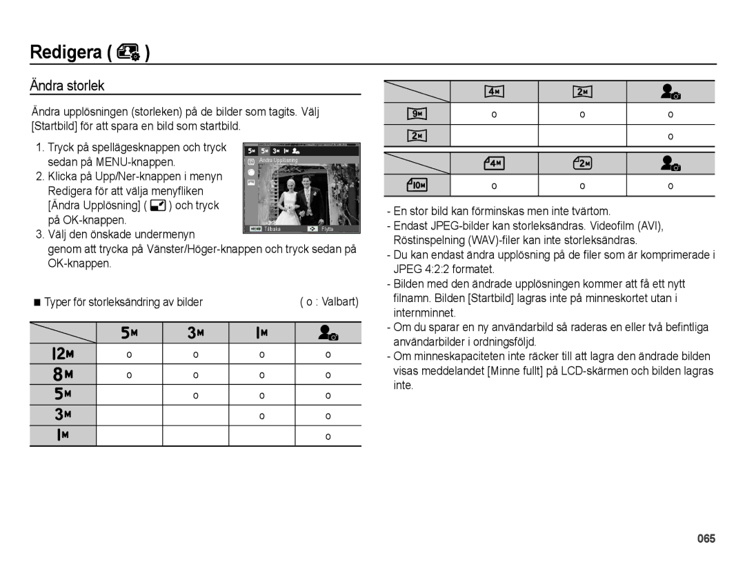 Samsung EC-ES25ZZBALE2 manual Redigera, Ändra storlek, Sedan på MENU-knappen, En stor bild kan förminskas men inte tvärtom 