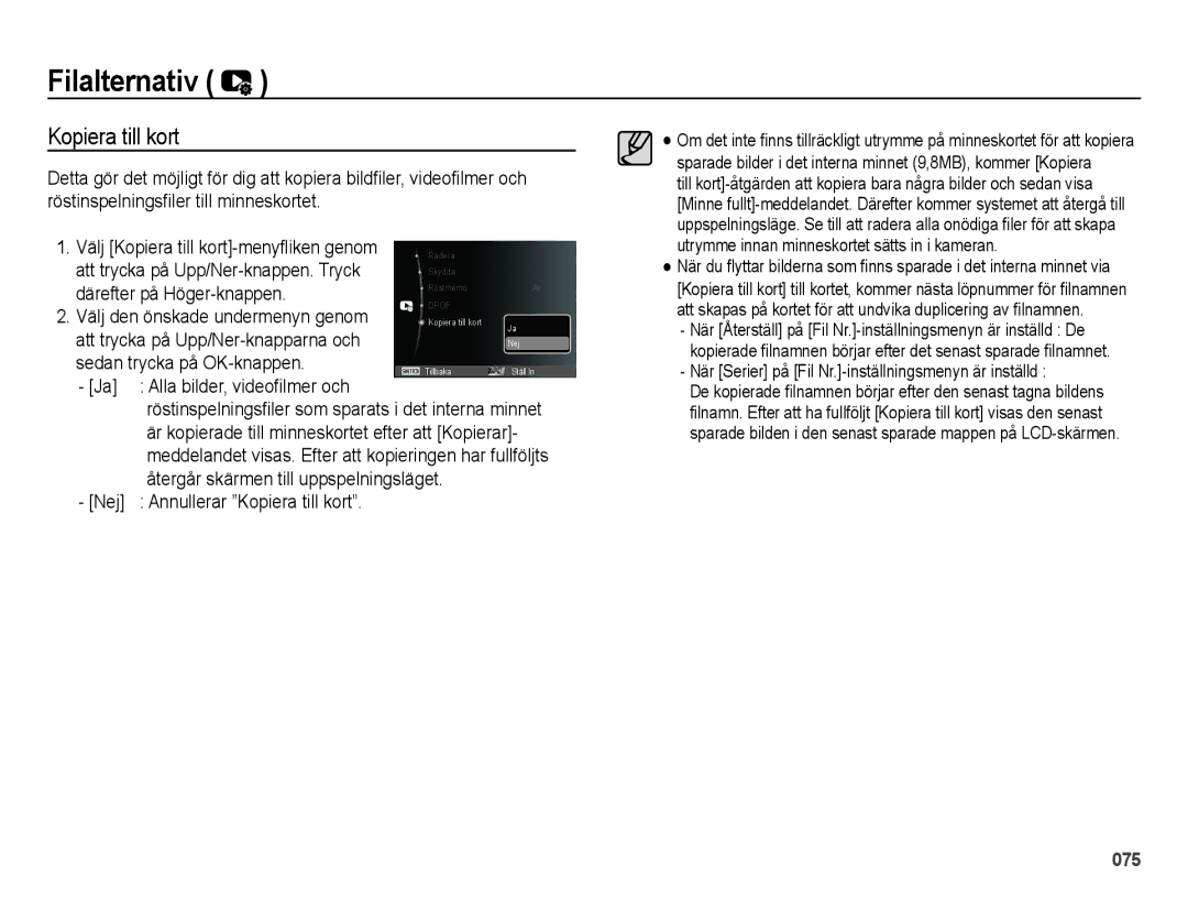 Samsung EC-ES25ZZBASE2 manual Kopiera till kort, Därefter på Höger-knappen, Återgår skärmen till uppspelningsläget Nej 