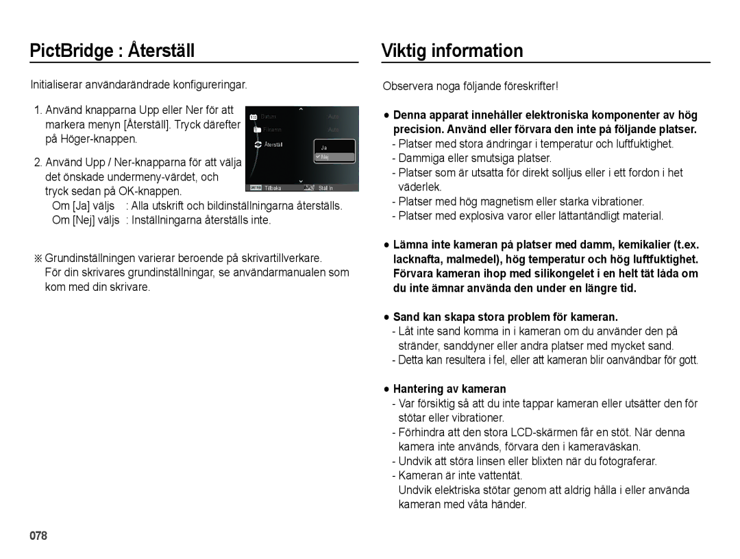 Samsung EC-ES25ZZBARE2, EC-ES25ZZBASE2 PictBridge Återställ Viktig information, Sand kan skapa stora problem för kameran 