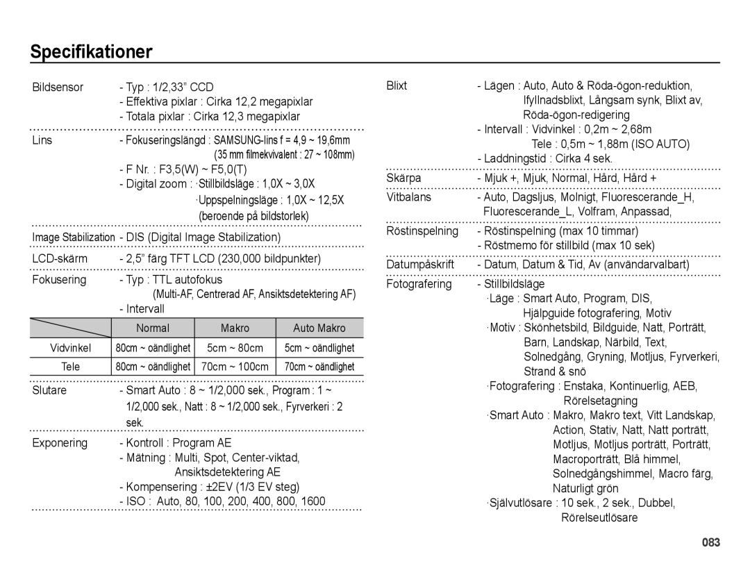 Samsung EC-ES25ZZBASE2, EC-ES25ZZBABE2, EC-ES25ZZBALE2, EC-ES25ZZBARE2 manual Specifikationer 