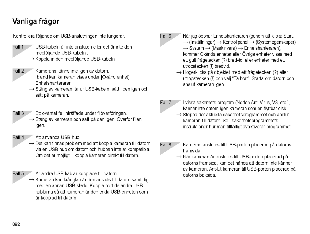 Samsung EC-ES25ZZBABE2, EC-ES25ZZBASE2, EC-ES25ZZBALE2, EC-ES25ZZBARE2 manual Vanliga frågor 