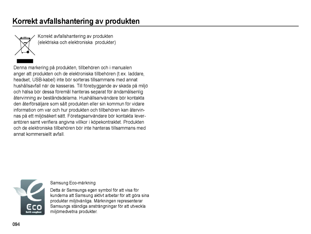 Samsung EC-ES25ZZBARE2, EC-ES25ZZBASE2, EC-ES25ZZBABE2 manual Korrekt avfallshantering av produkten, Samsung Eco-märkning 