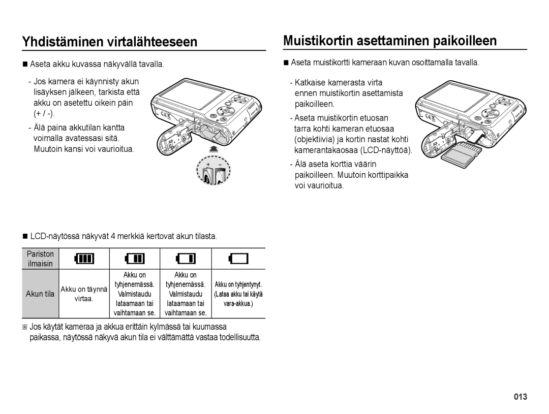 Samsung EC-ES25ZZBALE2, EC-ES25ZZBASE2, EC-ES25ZZBABE2, EC-ES25ZZBARE2 manual Muistikortin asettaminen paikoilleen 