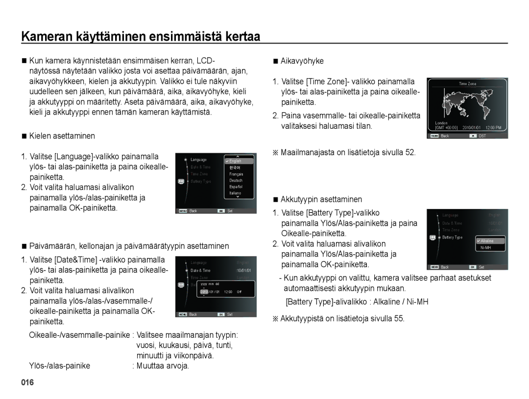 Samsung EC-ES25ZZBABE2, EC-ES25ZZBASE2, EC-ES25ZZBALE2, EC-ES25ZZBARE2 manual Kameran käyttäminen ensimmäistä kertaa 