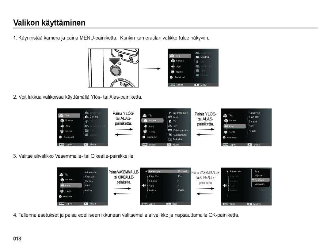 Samsung EC-ES25ZZBARE2, EC-ES25ZZBASE2 manual Valikon käyttäminen, Valitse alivalikko Vasemmalle- tai Oikealle-painikkeilla 