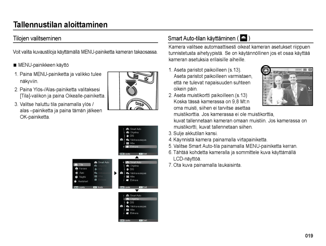 Samsung EC-ES25ZZBASE2, EC-ES25ZZBABE2 Tallennustilan aloittaminen, Tilojen valitseminen, Smart Auto-tilan käyttäminen 