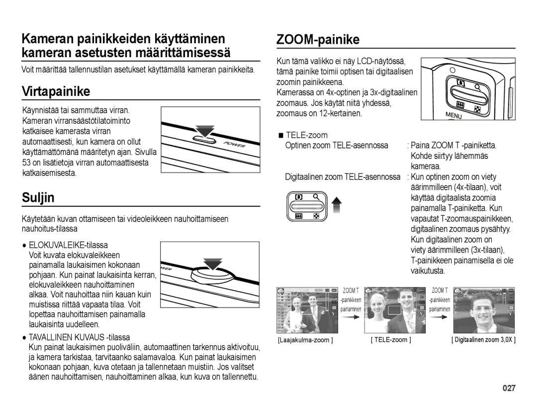 Samsung EC-ES25ZZBASE2, EC-ES25ZZBABE2, EC-ES25ZZBALE2, EC-ES25ZZBARE2 manual Virtapainike, Suljin, ZOOM-painike 