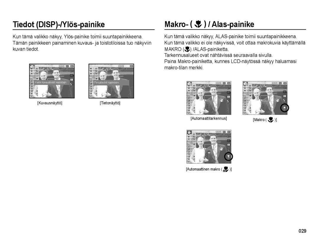 Samsung EC-ES25ZZBALE2, EC-ES25ZZBASE2, EC-ES25ZZBABE2, EC-ES25ZZBARE2 manual Tiedot DISP-/Ylös-painike, Makro- / Alas-painike 