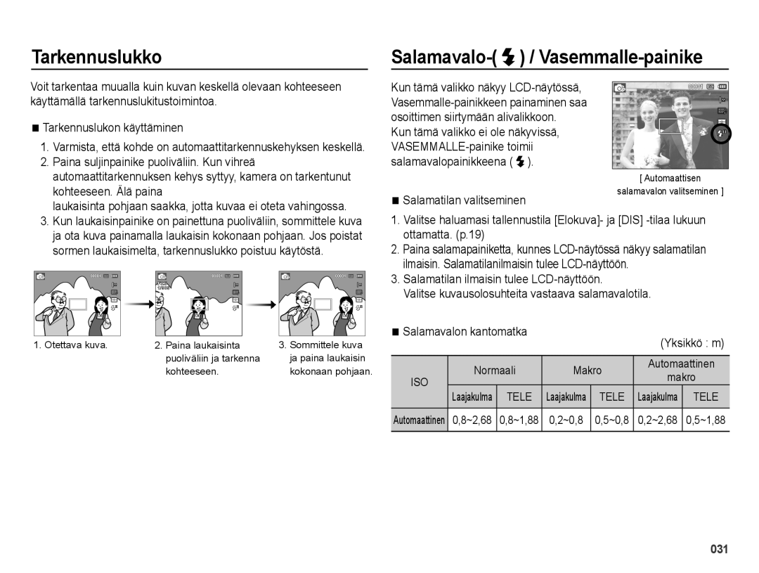 Samsung EC-ES25ZZBASE2 manual Tarkennuslukko, Salamavalo- / Vasemmalle-painike, Paina suljinpainike puoliväliin. Kun vihreä 