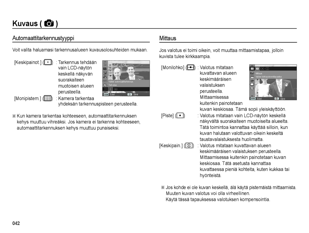 Samsung EC-ES25ZZBARE2, EC-ES25ZZBASE2, EC-ES25ZZBABE2, EC-ES25ZZBALE2 manual Automaattitarkennustyyppi, Mittaus 