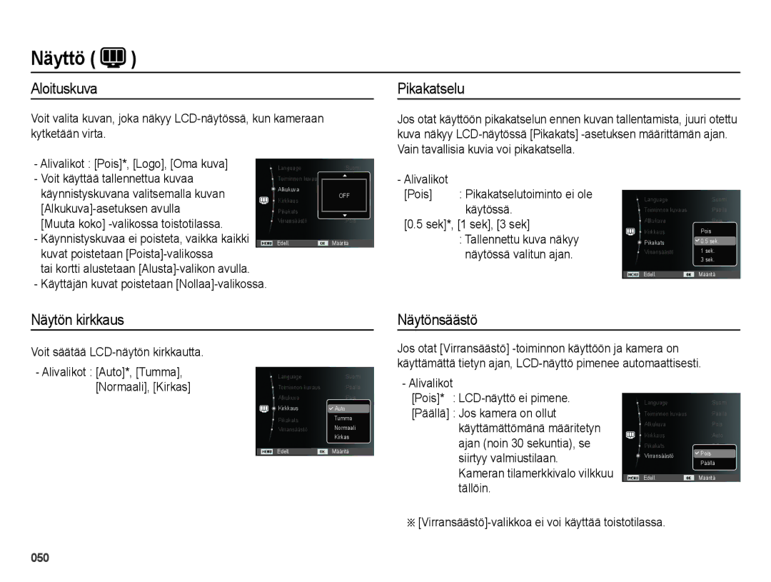 Samsung EC-ES25ZZBARE2, EC-ES25ZZBASE2, EC-ES25ZZBABE2 manual Aloituskuva, Pikakatselu, Näytön kirkkaus Näytönsäästö 