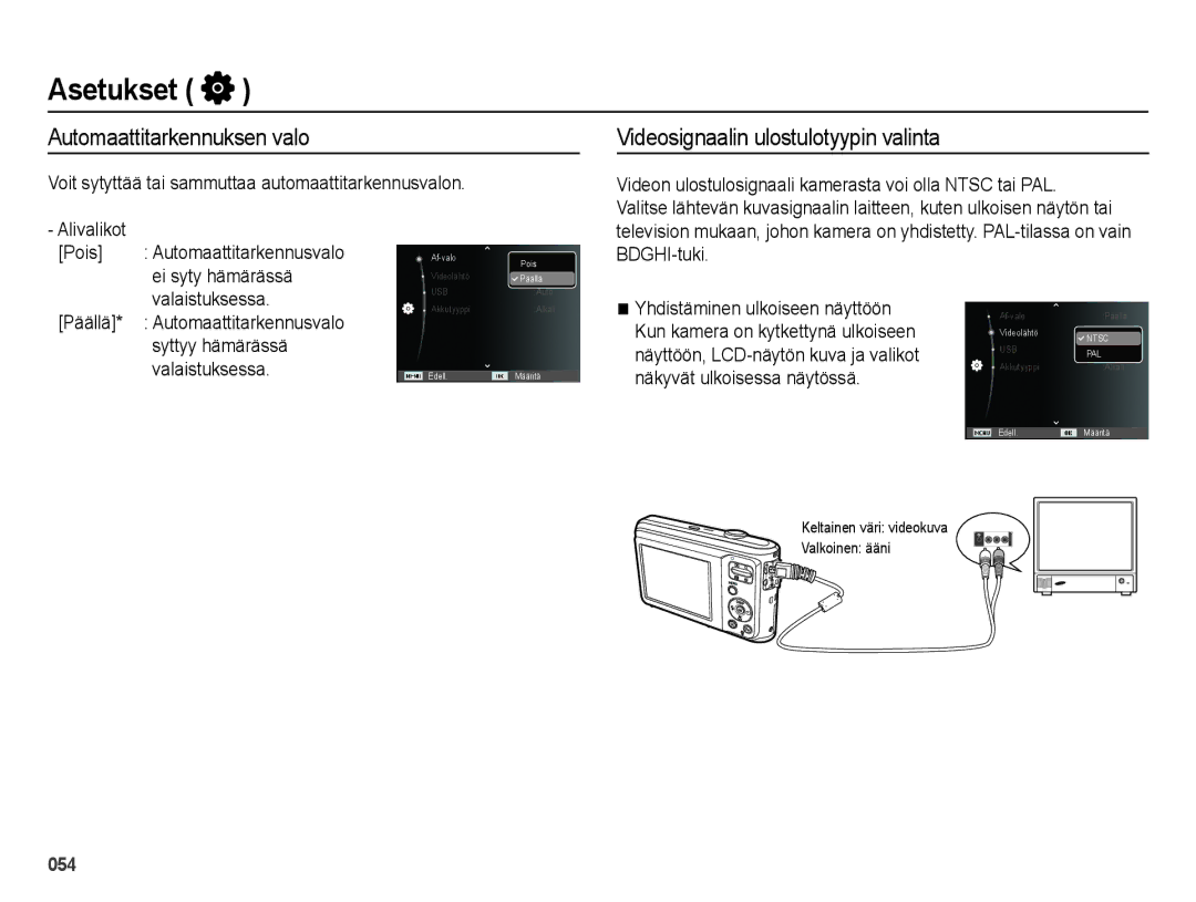 Samsung EC-ES25ZZBARE2 manual Automaattitarkennuksen valo, Videosignaalin ulostulotyypin valinta, Ei syty hämärässä 