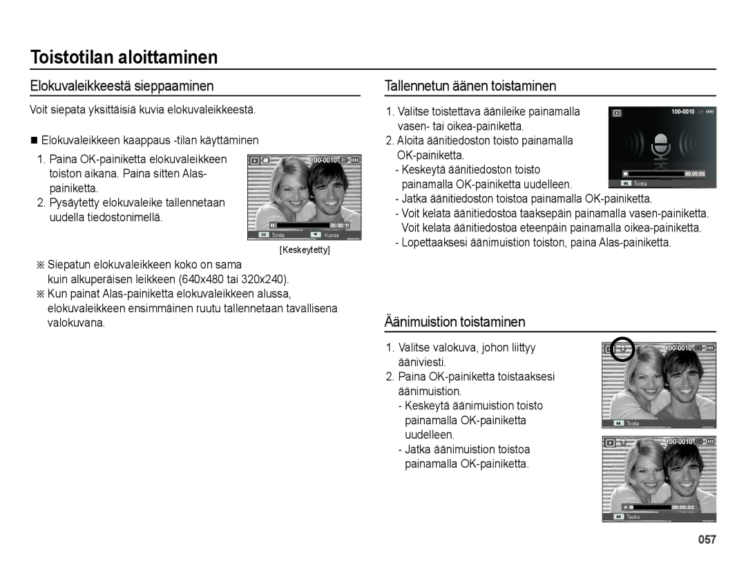 Samsung EC-ES25ZZBALE2 manual Elokuvaleikkeestä sieppaaminen, Tallennetun äänen toistaminen, Äänimuistion toistaminen 