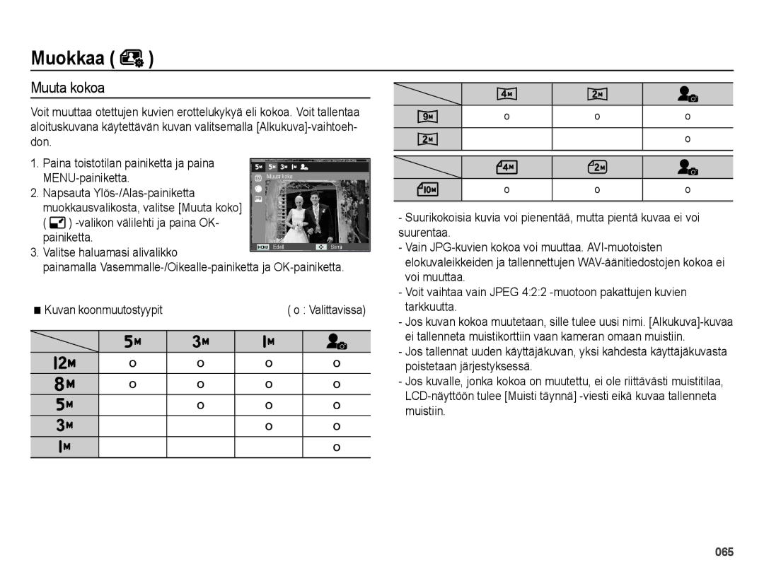 Samsung EC-ES25ZZBALE2 manual Muokkaa, Muuta kokoa, Valikon välilehti ja paina OK Painiketta, Kuvan koonmuutostyypit 