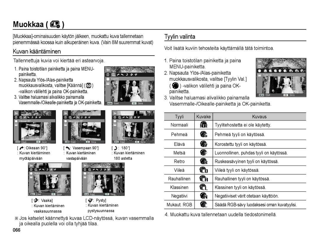 Samsung EC-ES25ZZBARE2 manual Kuvan kääntäminen Tyylin valinta, Voit lisätä kuviin tehosteita käyttämällä tätä toimintoa 