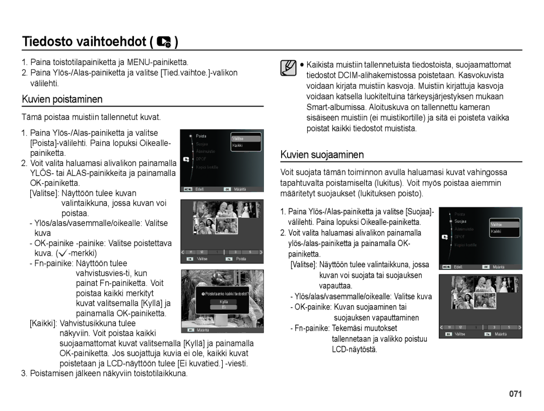 Samsung EC-ES25ZZBASE2, EC-ES25ZZBABE2, EC-ES25ZZBALE2 manual Tiedosto vaihtoehdot, Kuvien poistaminen, Kuvien suojaaminen 