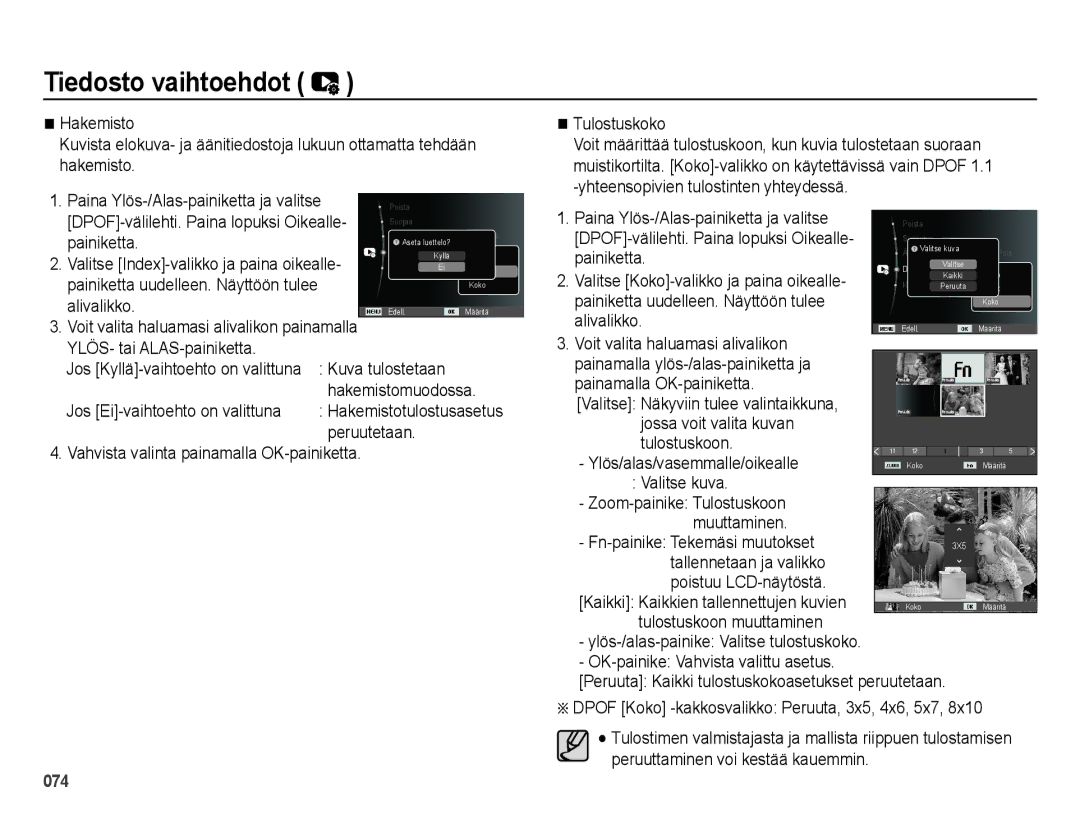 Samsung EC-ES25ZZBARE2 Tulostuskoko, Kuva tulostetaan, Hakemistomuodossa, Jos Ei-vaihtoehto on valittuna, Peruutetaan 