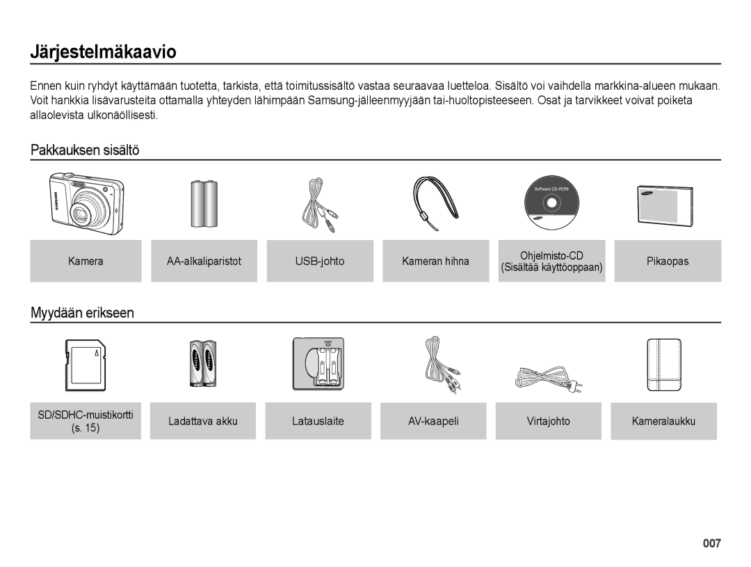 Samsung EC-ES25ZZBASE2, EC-ES25ZZBABE2, EC-ES25ZZBALE2 manual Järjestelmäkaavio, Pakkauksen sisältö, Myydään erikseen 