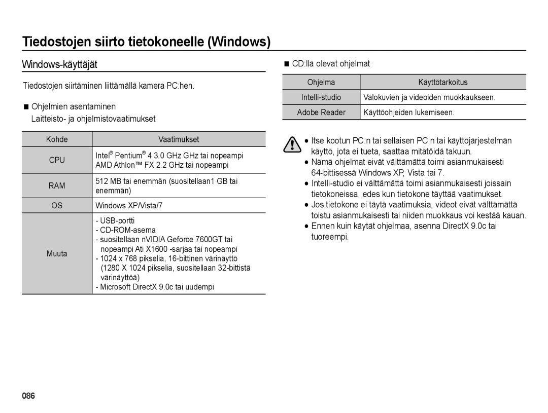 Samsung EC-ES25ZZBARE2, EC-ES25ZZBASE2 Tiedostojen siirto tietokoneelle Windows, Windows-käyttäjät, CDllä olevat ohjelmat 