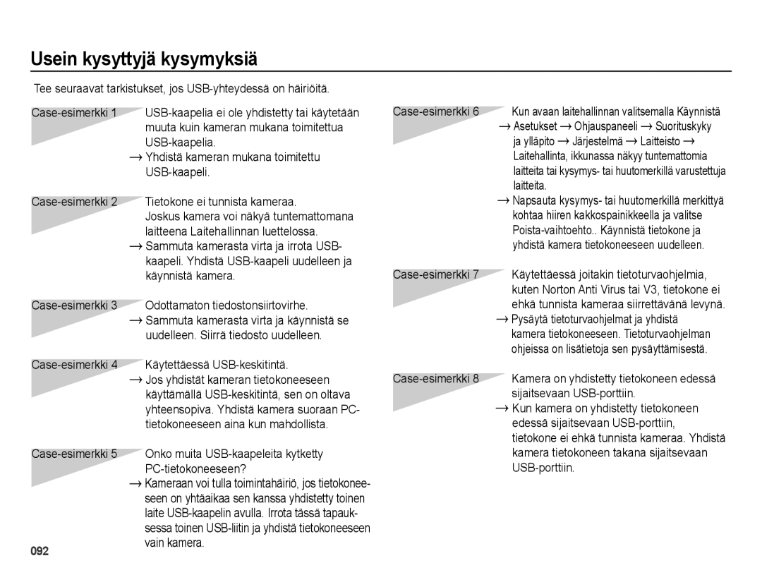 Samsung EC-ES25ZZBABE2, EC-ES25ZZBASE2, EC-ES25ZZBALE2, EC-ES25ZZBARE2 manual Usein kysyttyjä kysymyksiä 