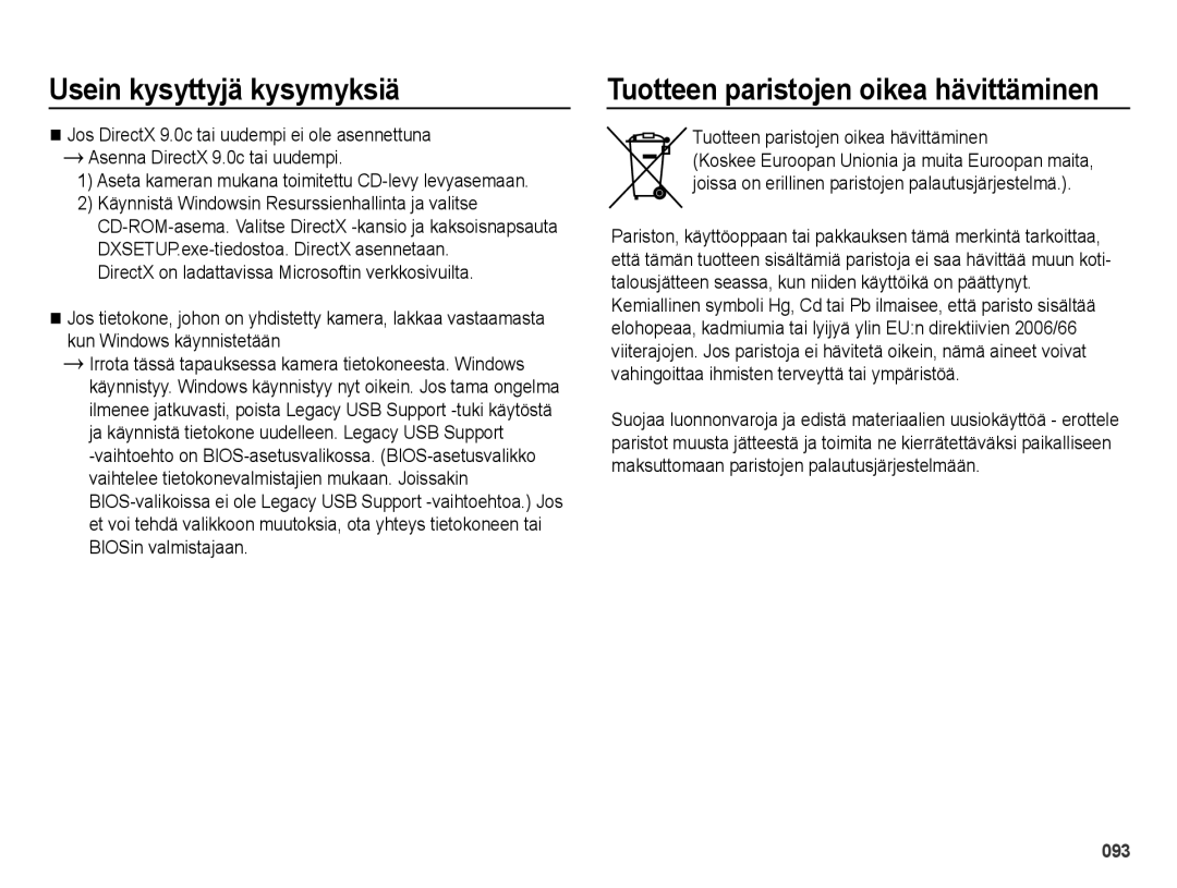 Samsung EC-ES25ZZBALE2, EC-ES25ZZBASE2, EC-ES25ZZBABE2, EC-ES25ZZBARE2 manual Tuotteen paristojen oikea hävittäminen 