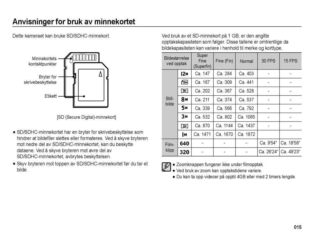 Samsung EC-ES25ZZBASE2, EC-ES25ZZBABE2, EC-ES25ZZBALE2, EC-ES25ZZBARE2 manual Dette kameraet kan bruke SD/SDHC-minnekort 