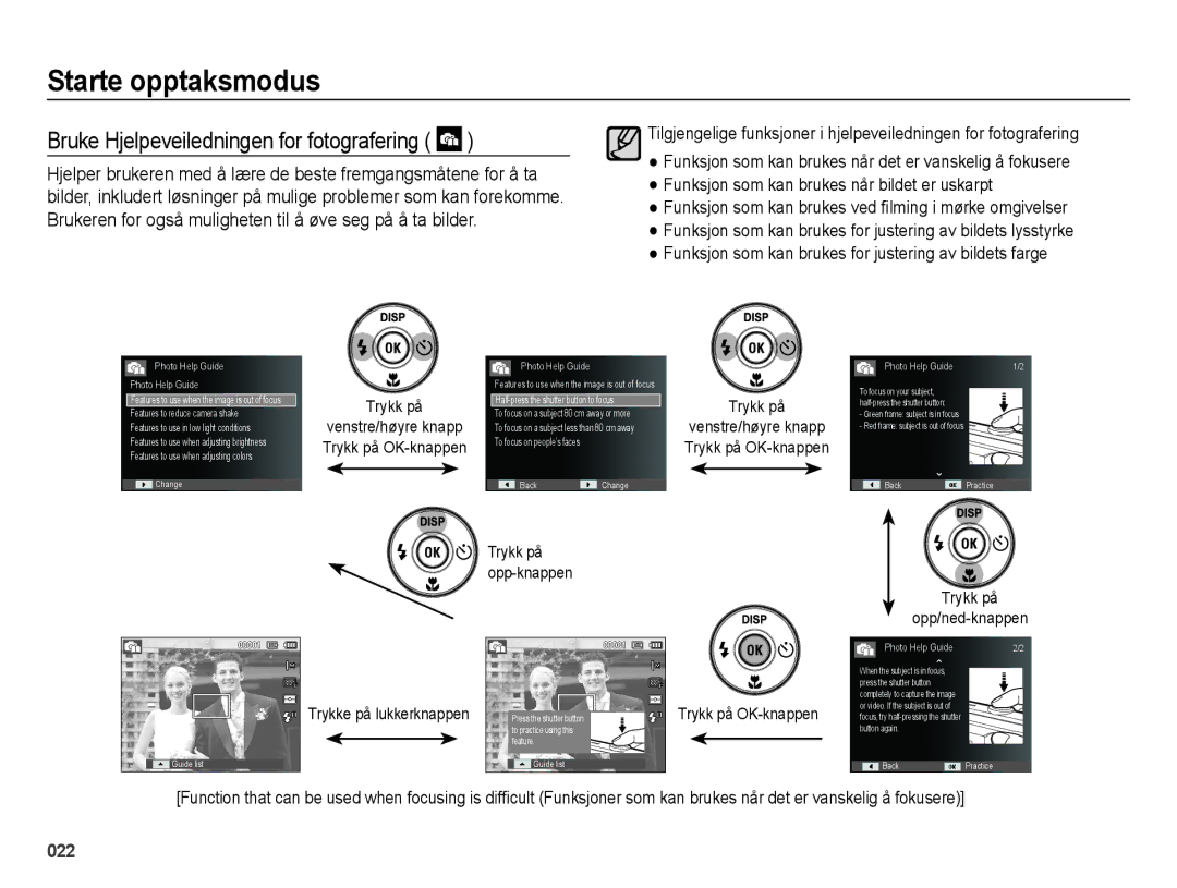 Samsung EC-ES25ZZBARE2 Bruke Hjelpeveiledningen for fotografering, Trykk på Opp/ned-knappen, Trykke på lukkerknappen 