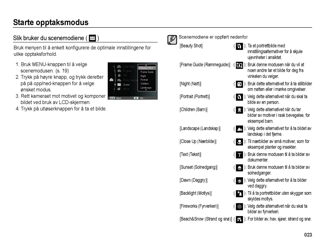 Samsung EC-ES25ZZBASE2 manual Slik bruker du scenemodiene, Bruk MENU-knappen til å velge, Bildet ved bruk av LCD-skjermen 