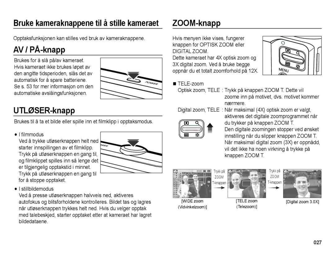 Samsung EC-ES25ZZBASE2, EC-ES25ZZBABE2, EC-ES25ZZBALE2, EC-ES25ZZBARE2 manual AV / PÅ-knapp, UTLØSER-knapp, ZOOM-knapp 