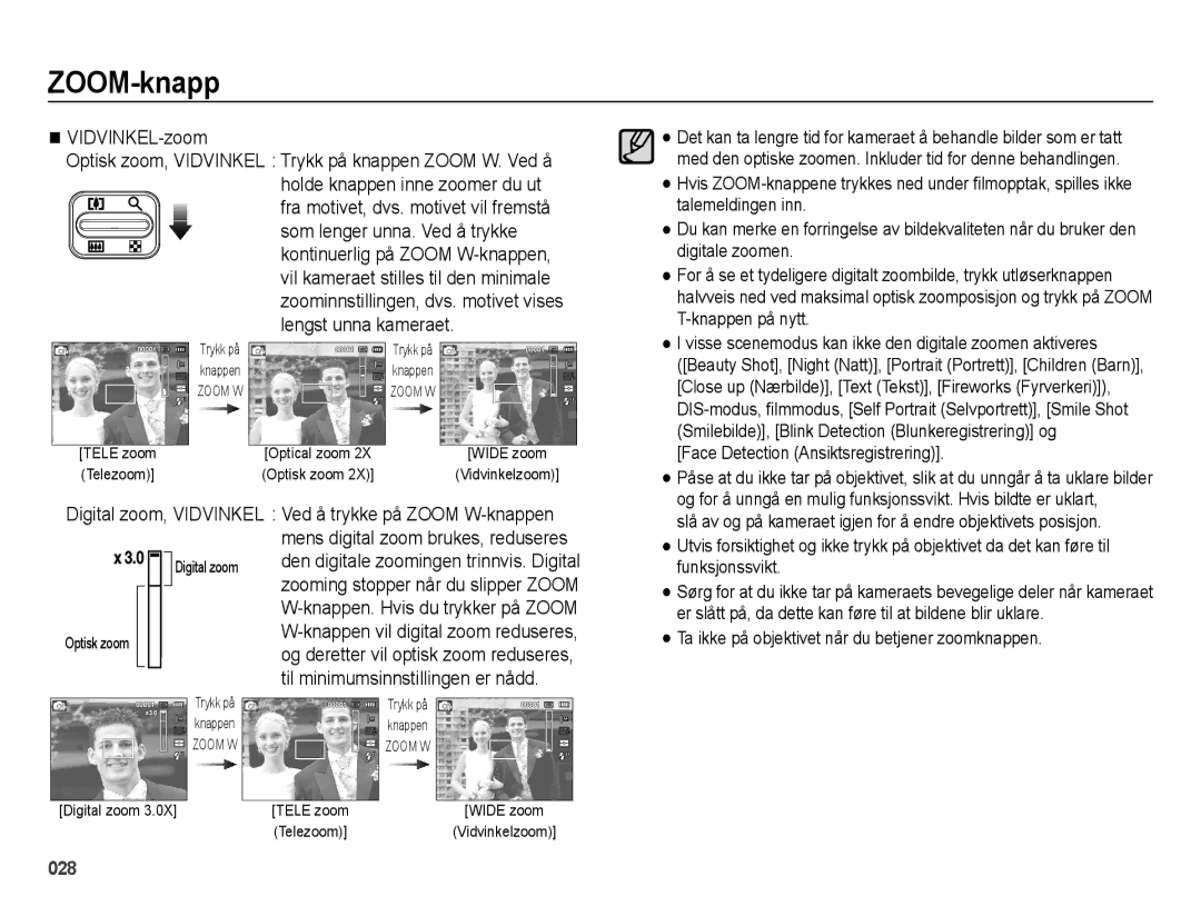 Samsung EC-ES25ZZBABE2 manual Face Detection Ansiktsregistrering, Ta ikke på objektivet når du betjener zoomknappen 