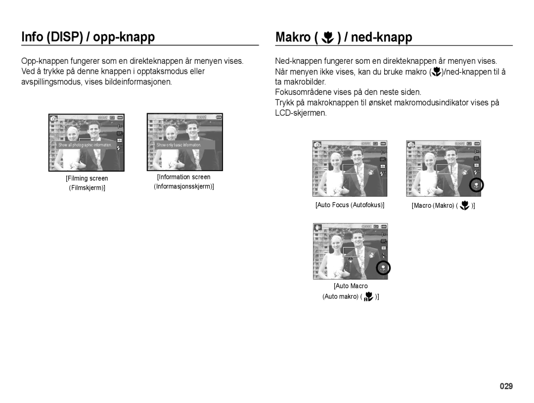 Samsung EC-ES25ZZBALE2, EC-ES25ZZBASE2, EC-ES25ZZBABE2, EC-ES25ZZBARE2 manual Info Disp / opp-knapp, Makro / ned-knapp 