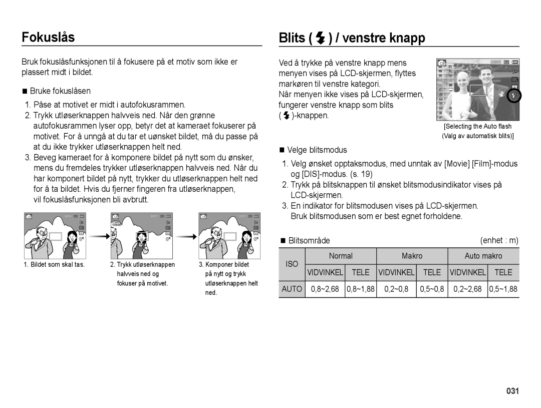 Samsung EC-ES25ZZBASE2 manual Fokuslås, Blits / venstre knapp, Vil fokuslåsfunksjonen bli avbrutt, Knappen, Blitsområde 