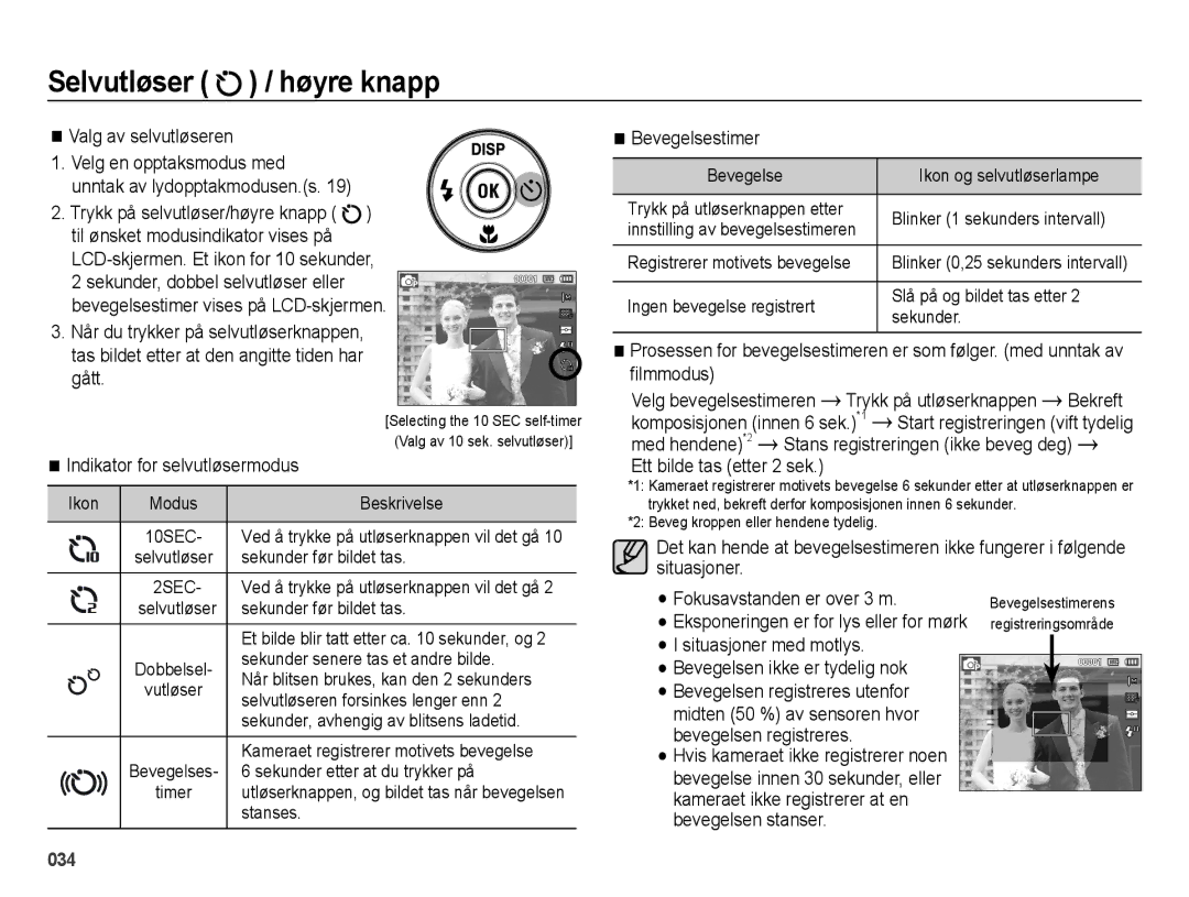 Samsung EC-ES25ZZBARE2 manual Velg en opptaksmodus med, LCD-skjermen. Et ikon for 10 sekunder, Gått, Bevegelsestimer 