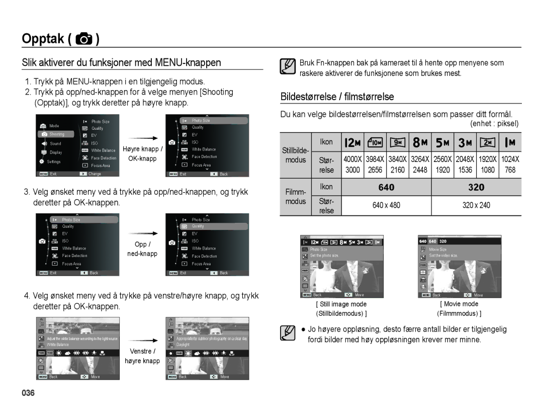 Samsung EC-ES25ZZBABE2 manual Slik aktiverer du funksjoner med MENU-knappen, Bildestørrelse / ¿lmstørrelse, 640 x 320 x 