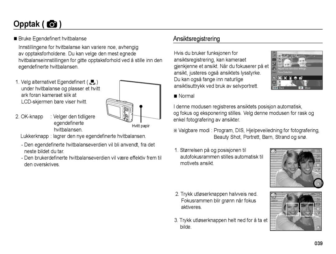 Samsung EC-ES25ZZBASE2, EC-ES25ZZBABE2 manual Ansiktsregistrering, Bruke Egende¿nert hvitbalanse, Normal, Hvitbalansen 