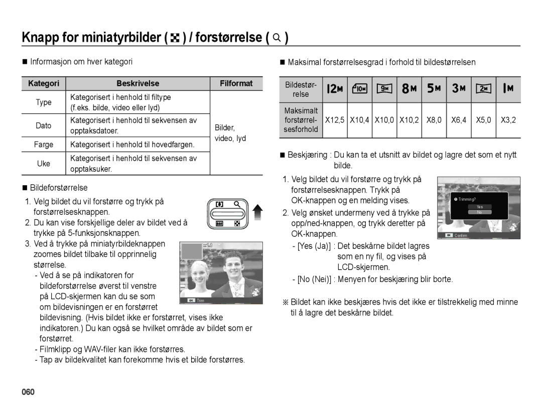 Samsung EC-ES25ZZBABE2, EC-ES25ZZBASE2 manual Knapp for miniatyrbilder º / forstørrelse í, Informasjon om hver kategori 