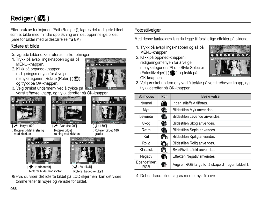 Samsung EC-ES25ZZBARE2 manual Rotere et bilde, MENU-knappen Klikk på opp/ned-knappen, Redigeringsmenyen for å velge 