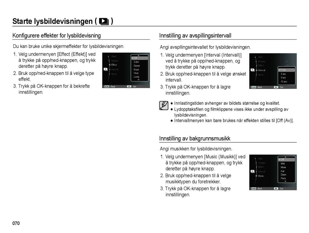 Samsung EC-ES25ZZBARE2, EC-ES25ZZBASE2 manual Kon¿gurere effekter for lysbildevisning, Innstilling av avspillingsintervall 