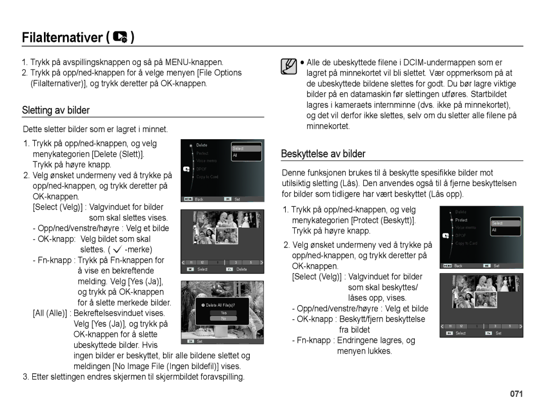 Samsung EC-ES25ZZBASE2, EC-ES25ZZBABE2, EC-ES25ZZBALE2 manual Filalternativer, Sletting av bilder, Beskyttelse av bilder 